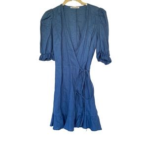 NWOT Reformation 100% Linen Blue Carmelo Wrap Dress in Blue Azul